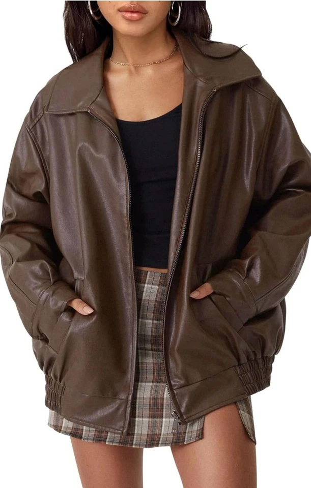 AUTOMET Mujer Gran Tamaño Imitación Cuero Otoño Moda Moto Chaqueta Marrón Talla XL