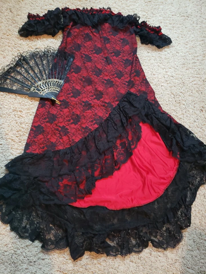 Costumes By Coquette Sexy Senorita Lace Dress w Fan Hispanic Mexican Womans OS  - Image 3 of 4