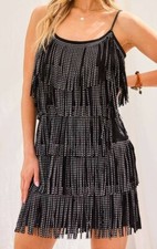 Black Studded Fringe Mini Dress With Adjustable Spaghetti Straps & Back Zipper C