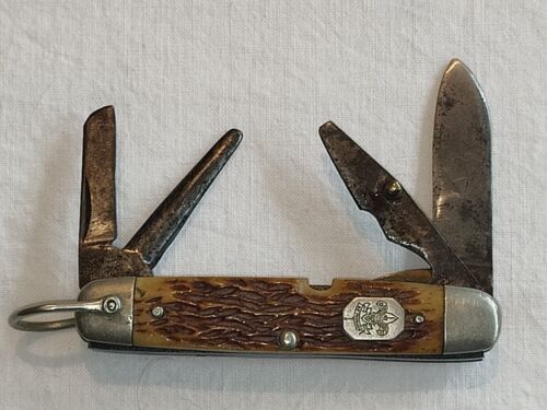 1920s CATTARAUGUS D2589 BOY SCOUT WHITT-L-CRAFT BONE HANDLE POCKET KNIFE-NICE! - Zdjęcie 1 z 15