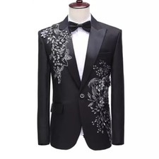 Men Flower Top Jacket Coat Blazer Suits Sequin Wedding Stage Banquet Formal Chic