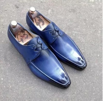 Buy Handmade Men's Blue Derby Lace Up Dress Shoes, Real Office wear Leather shoe