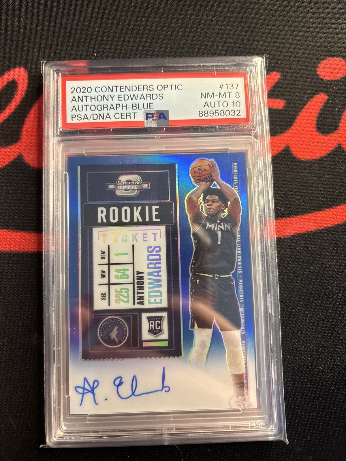2020-21 Contenders Optic Anthony Edwards Rookie Ticket Blue Auto 65/99 Psa 8