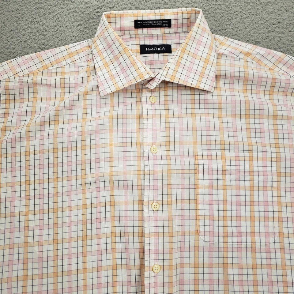 Nautica Shirt Mens 17 34/35 White Pink Yellow Classic Preppy Dress Shirt - Image 2 of 4
