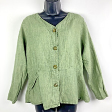 Flax P 4 6 S Linen Utility Jacket blazer olive green peplum pocket button front