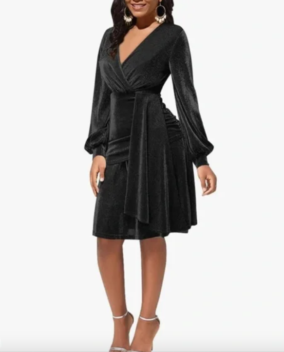 Black Cocktail Evening V-Neck Long Sleeve Knee Length Fit & Flare Dress