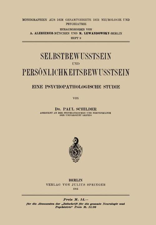 Paul Schilder | Selbstbewusstsein Und Persönlichkeitsbewusstsein |
