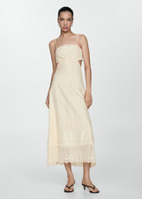 NWT MANGO MNG $140 ECRU EMBROIDERED CUT-OUT BACK TIE MIDI DRESS SZ S US 4