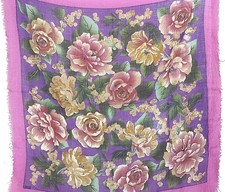 Oscar de la Renta Fringed Wool Challis Scarf Peonies Fuschia Purple Background