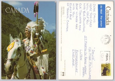 x03888 Cree Indianerhäuptling auf Pferd Alberta Kanada Postkarte 1988 Stempel