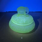 L.E. Smith Elephant Vanity Powder Jar 6.5" Satin Green Uranium Depression Glass