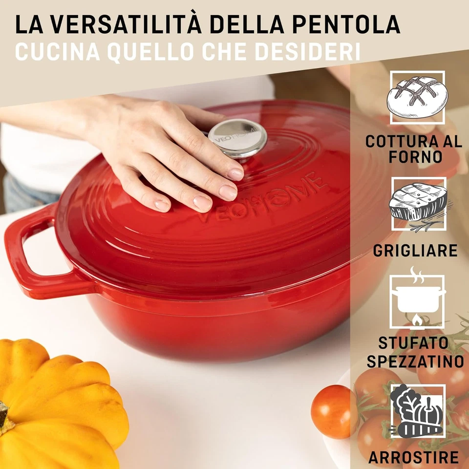 Casseruola in Ghisa Smaltata  Rosso 6L Ovale, Cocotte Ultra Resistente, Pentola  - Immagine 4 di 4