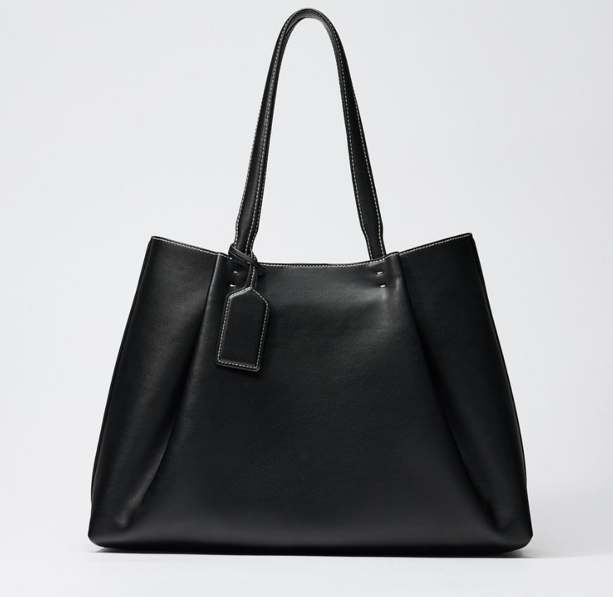 Zara 2025 Coated Large Tote Bag with Charm Tag Black - Zara