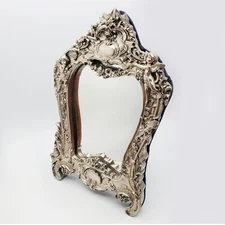 12” Table Top Baroque Rococo Style Sterling Silver Mirror w Blue Velvet Backing