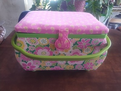 Fritz St. Jane Large Curved. Green/ Pink Floral Pattern Sewing Basket