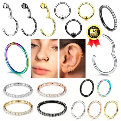 Surgical Steel Nose Clicker Ring Lip Ear Septum Helix Tragus Conch Hoop Crystals - Image 1 of 4