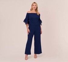 New Adrianna Papell Size 16 W Navy Off-Shoulder Organza-Sleeve Cocktail Jumpsuit