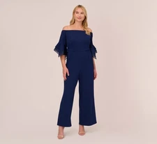 New Adrianna Papell Size 16 W Navy Off-Shoulder Organza-Sleeve Cocktail Jumpsuit
