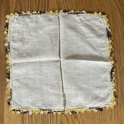 Vintage Off White Handkerchief Yellow Brown White Edge Stitching Hanky Mid Cent