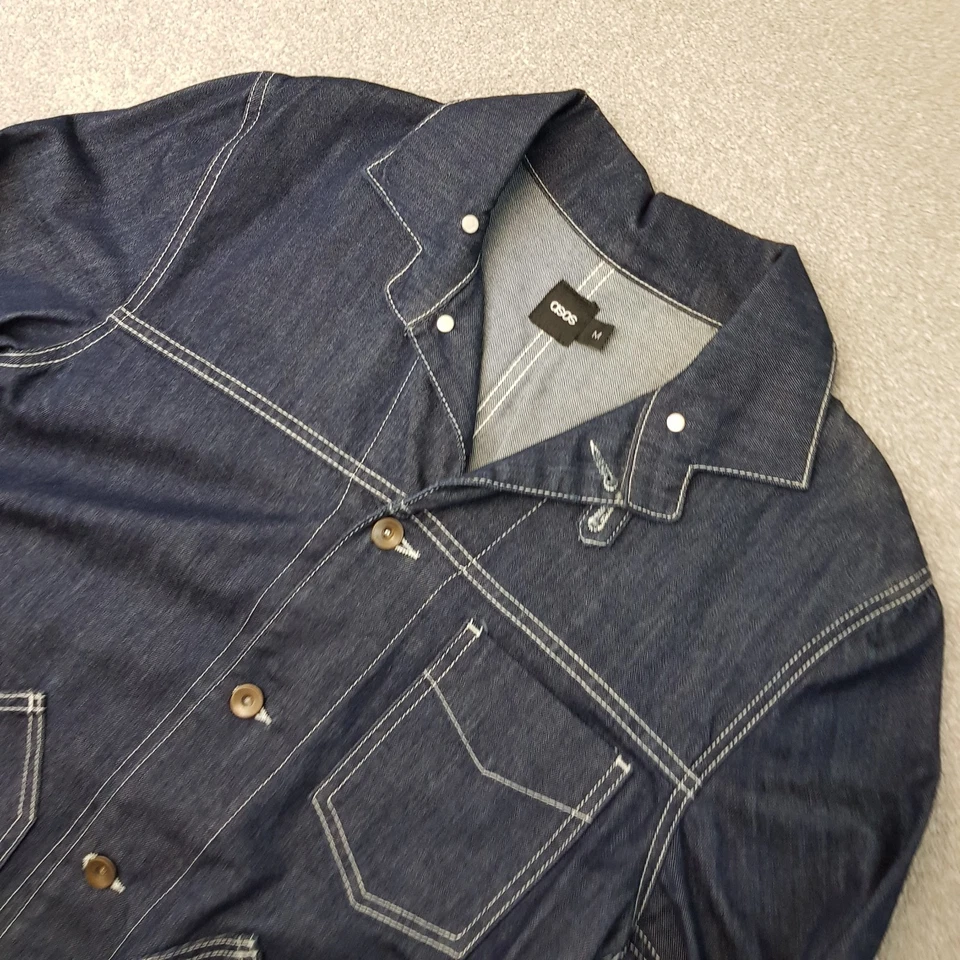 Asos Men Jacket Medium Blue Denim Chore Utility Biker Field Sack Contrast Stitch — 第 2/4 张图片
