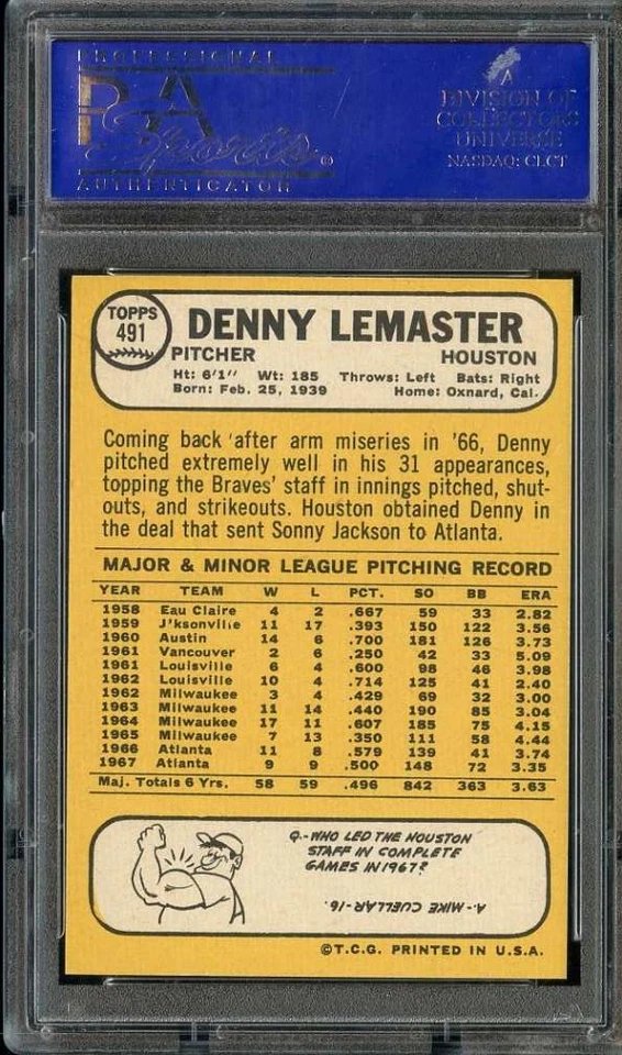 1968 TOPPS #491 DENNY LEMASTER PSA 10 ASTROS - Image 2 of 2