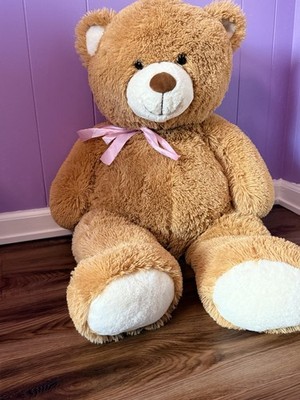 Large Brown Teddy Bear Plush Stuffed Animal w/ Pink Ribbon Soft Cuddly Toy 36 
