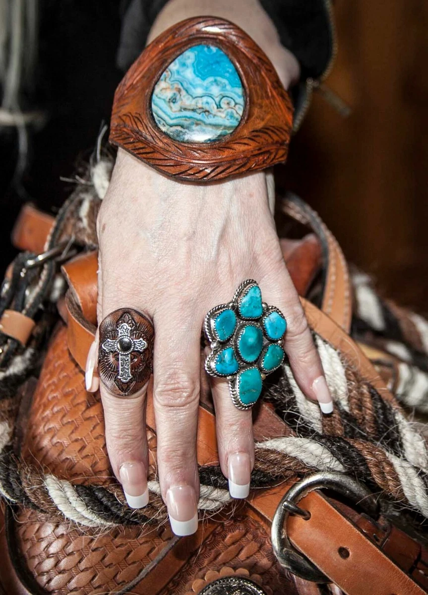 Leather Cuff Bracelet Blue Crazy Lace Agate Gemstone Hand Tooled