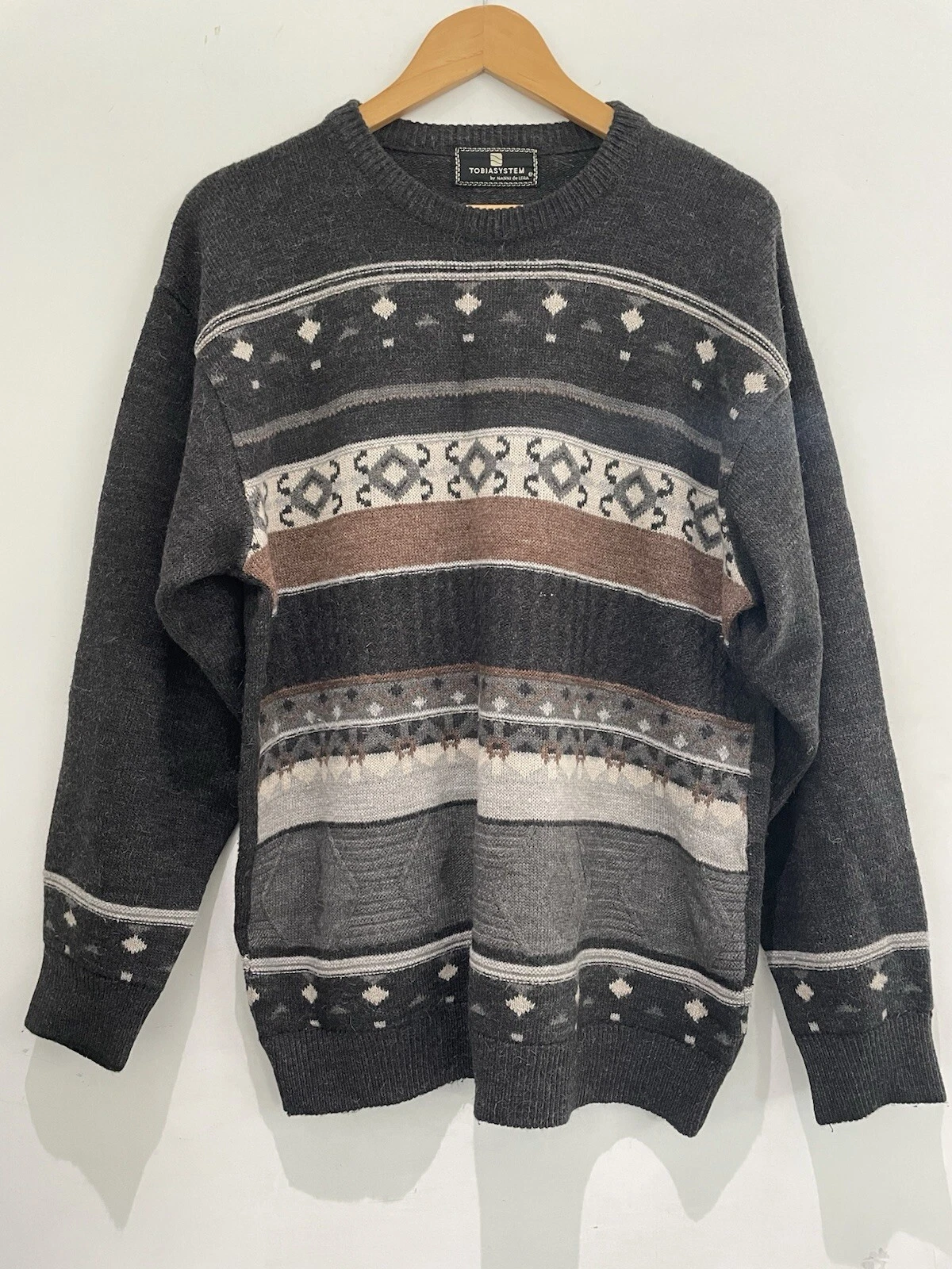 Vtg Alpaca Wool Knit Jumper Sz L Apres Ski Grey Tobias Systems Striped Patterned