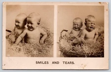 Babies Children Wicker Straw Basket Smiles & Tears Real Photo 1909 Postcard RPPC