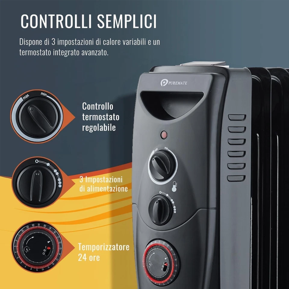 PureMate Radiatore a Olio 2500W 11 Elementi 3 Impostazioni di Calore - Immagine 3 di 4