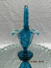 FENTON ART GLASS 2001 TURQUOISE BLUE PANELLED HP BASKET W/MILK GLASS EDGE ~GRIFF