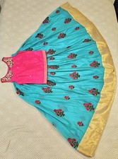 Girls Hot Pink Embroidered Top  Turquoise Blue Lehenga with Dupatta