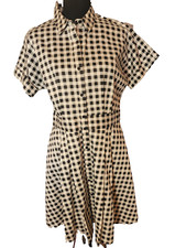 Black White Small Checked Dress A line Trad Wife Short Sleeve Button Front CeCe