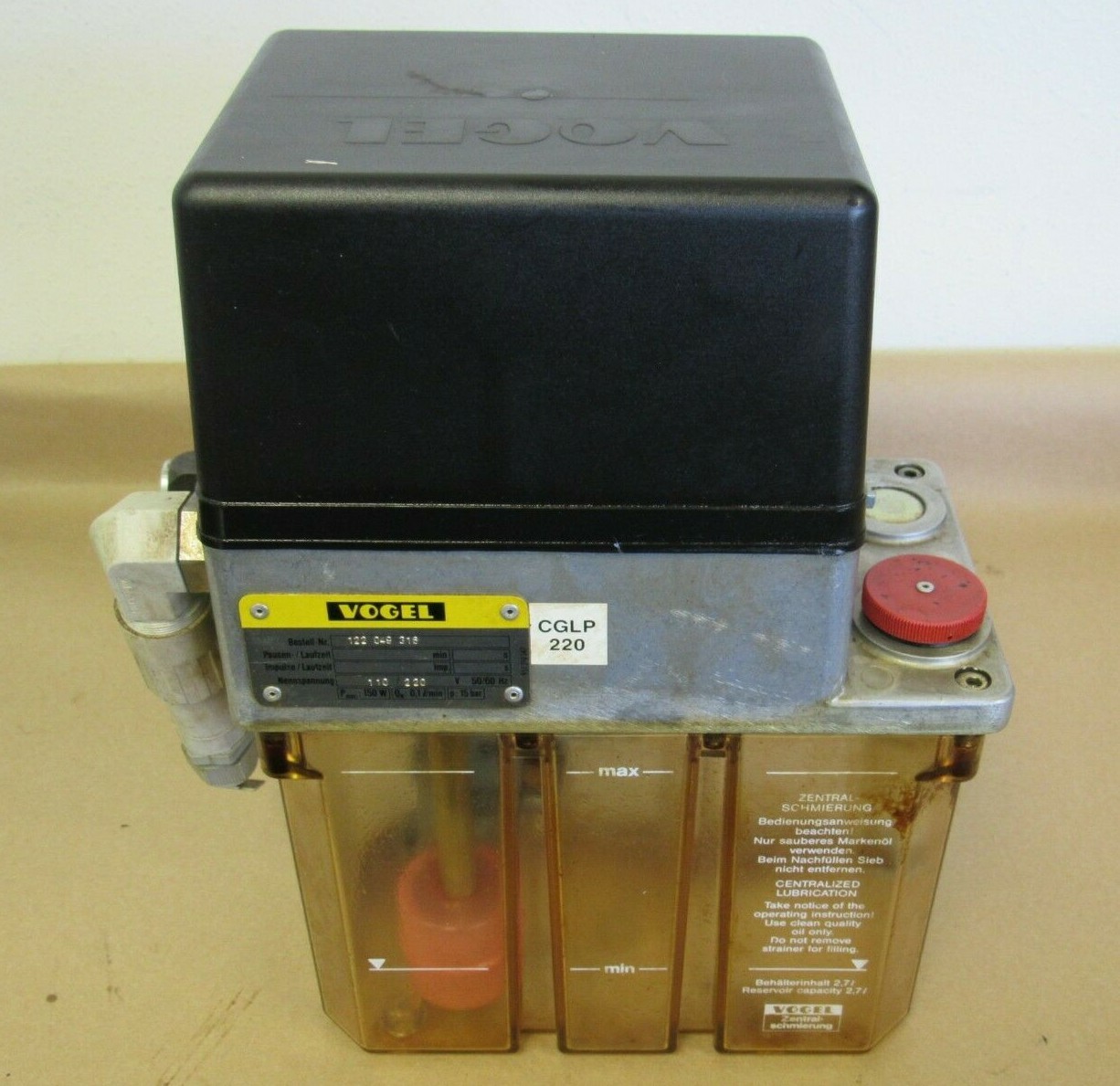 VOGEL LUBRICATION UNIT TYPE 122 049 316, LUBE TANK 110/220V, FROM MAHO
