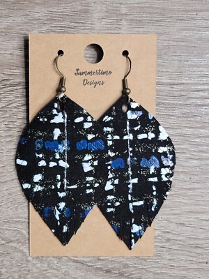 Handmade GENUINE Leather Feather Earrings Black Blue White Tweed Pattern 2''