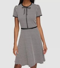 Karl Lagerfeld Paris Women Gray Houndstooth Puff Sleeve Bow-Neck Dress Size 10