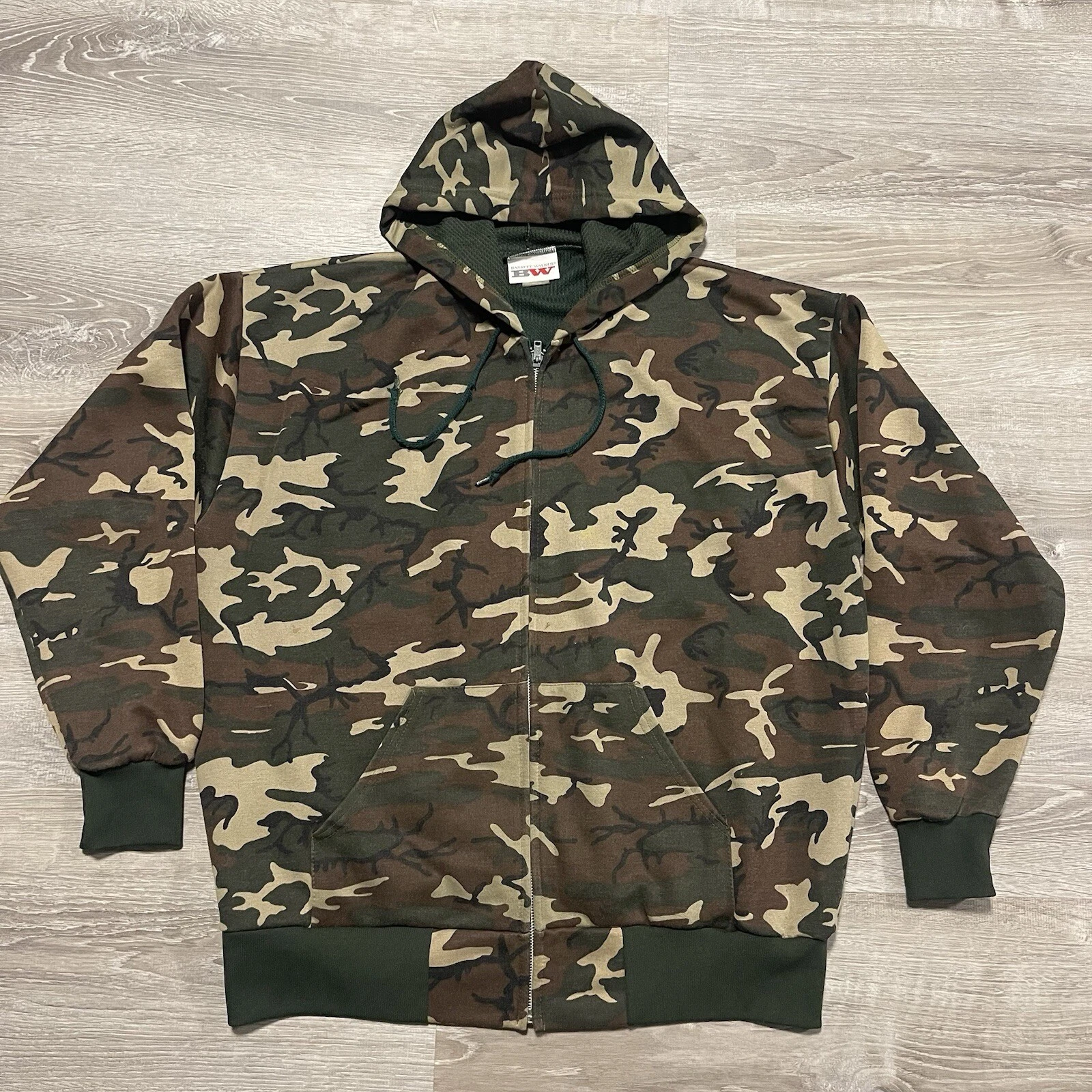 BASSETT WALKER Vtg Woodland Camo 54-56 Thermal Lined Hoodie Sweatshirt Hunting