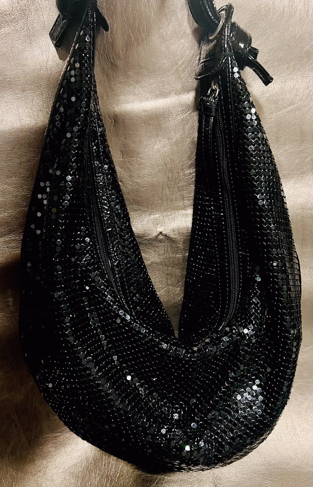 Jana Feifer Cuero Negro Brillante Cota de Malla Monedero Negro Lentejuelas Bolso Noche Luxe