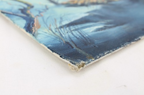 House on Cliff and Bridge Acrylic Painting 20x16" Mountains Blue Birds - Picture 3 of 11