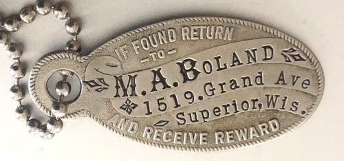 Vintage 1916 Schlüsselanhänger Ausweisschild: M. A. Boland, Superior Wisconsin