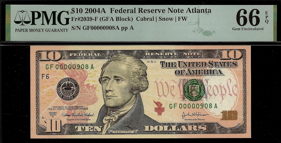 2004A $10 FRN Atlanta PMG 66EPQ 2nd highest graded low serial number Fr 2039-F - Image 2 of 3