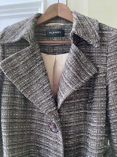 Planet Vintage Wool Blend Tweed Trench Style Belted Coat Ladies Size 12 EUC - Picture 7 of 23