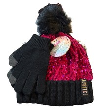 Justice Girls Sequin Beanie Hat with Pom and Gloves 3 Piece Set, Dark Pink/Black