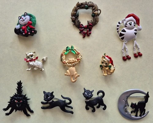 Lot of 10 vintage cat brooches Halloween Christmas JJ Jonette costume jewelry