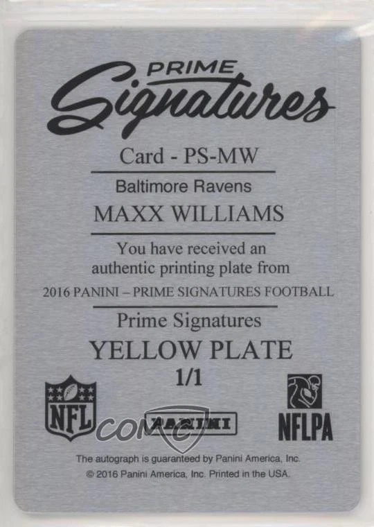 2016 Panini Prime Signatures Printing Plate Yellow 1/1 Maxx Williams Auto z0q - Image 2 of 3