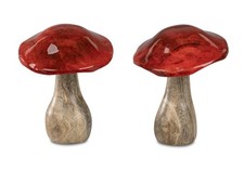 2er Set Decorazione Funghi Colori Autunnali H.16,5cm Rosso Natura Mango Legno