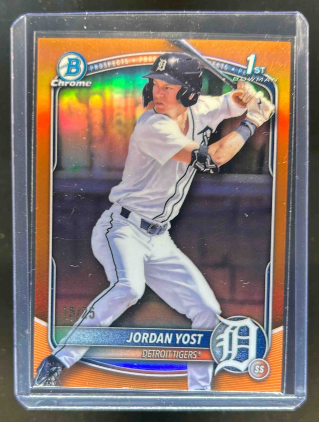 2025 Bowman Draft Jordan Yost Chrome Orange Refractor 1st Prospect #/25 Tigers