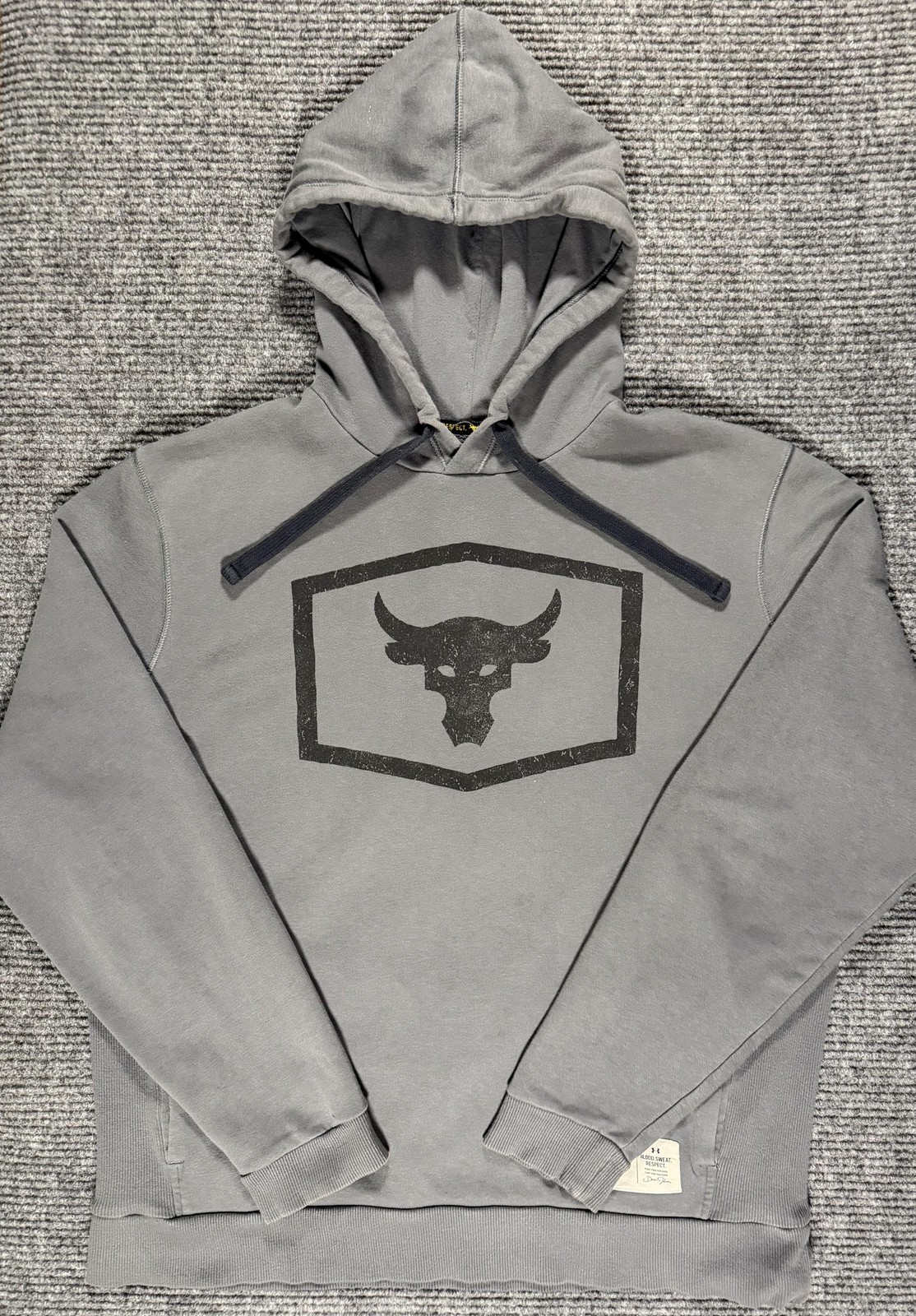 Under Armour Project Rock Hoodie Mens Large Bull Logo Gym Pullover Gray Black