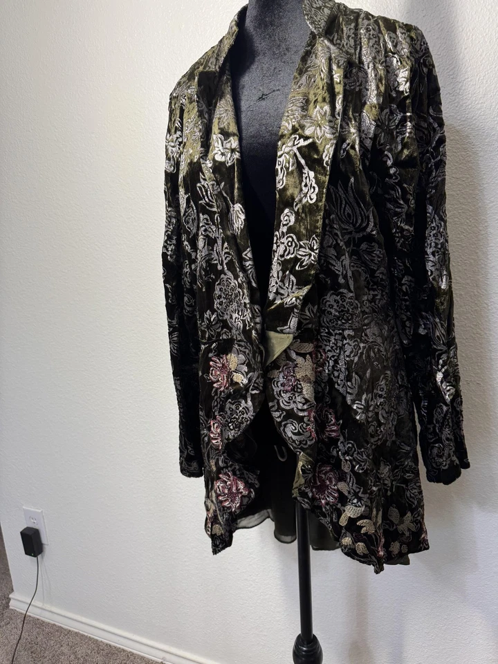 Chicos Jacket Womens 3 Olive Burnout Velvet Floral Embroidered Boho Open Front - Image 2 of 4
