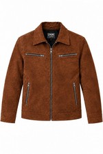 Chaqueta de gamuza de cuero genuino marrón para hombre L regular 44-46 pulgadas forrada con cremallera
